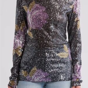 NWT New $88 Free People Printed Gold Rush Long Sleeve Sequins Top Size M